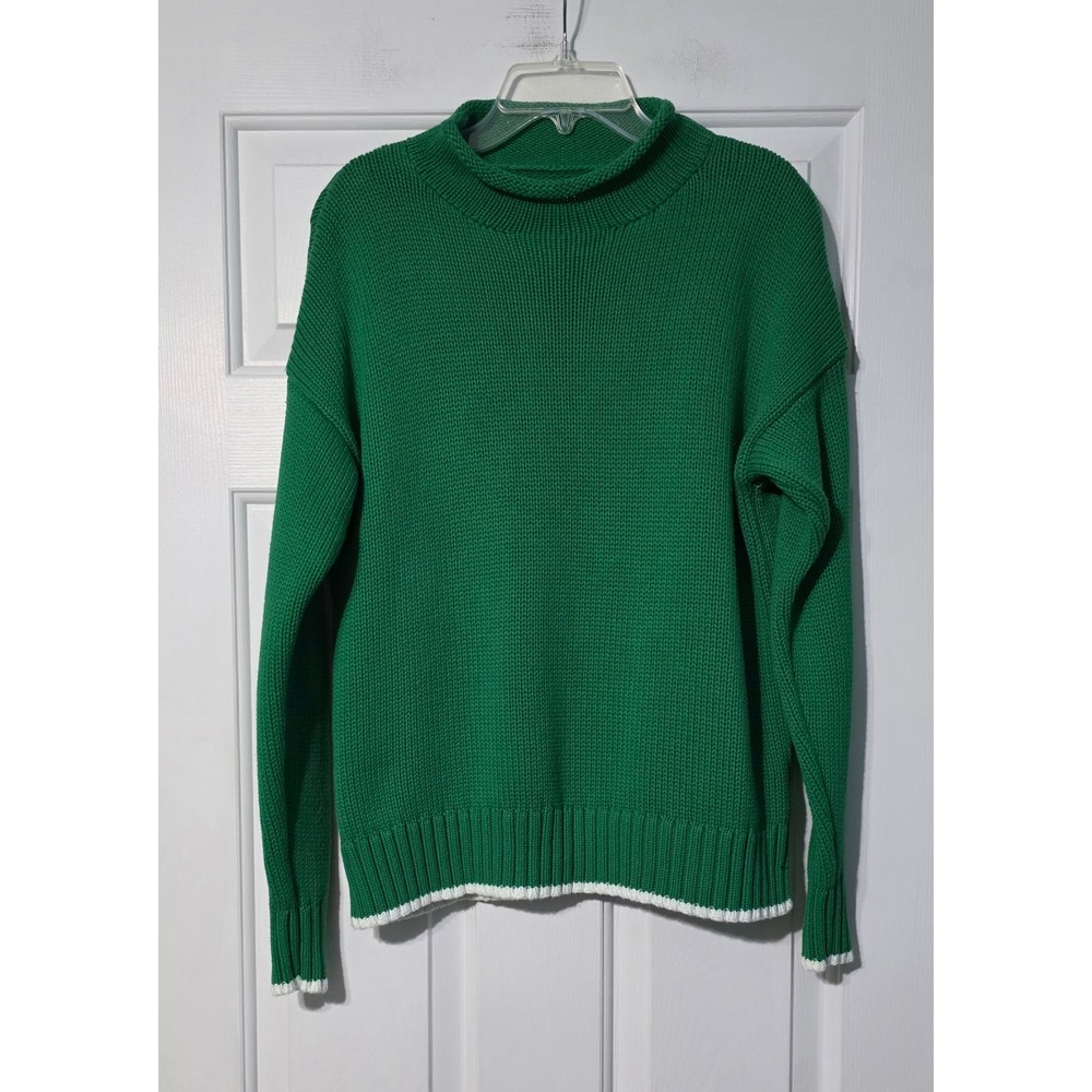 Crown & Ivy Green Cotton Shaker Stitch Mock Neck Sweater White Trim Large